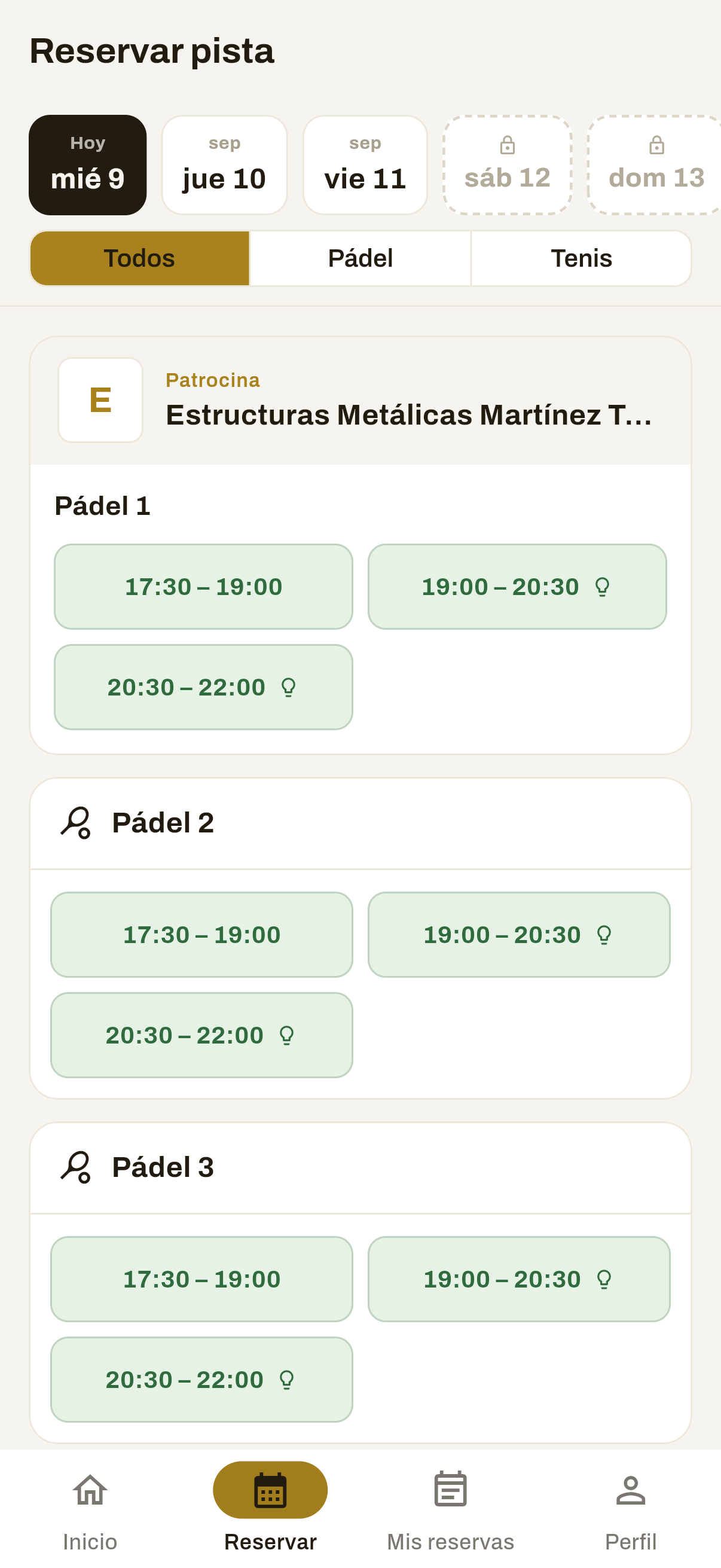 Captura real de GestionPadelJava: pantalla Reservar pista del perfil de jugador